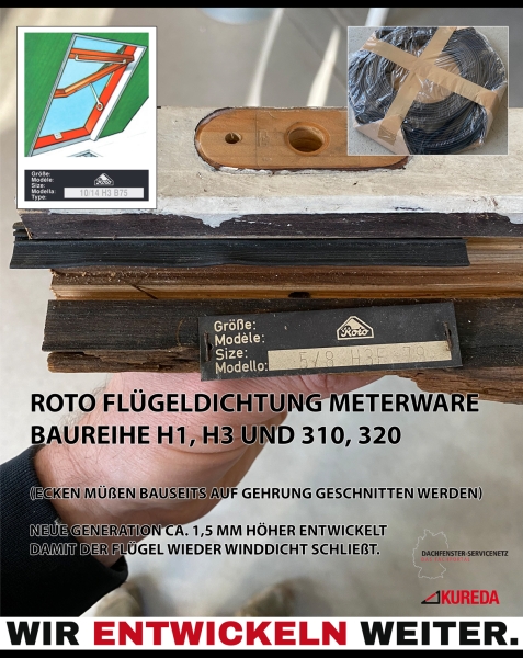 50 Meter-Rolle - Roto Dachfenster H1, H3 und 310, 320 + (410er Modelle oben) Flügeldichtung
